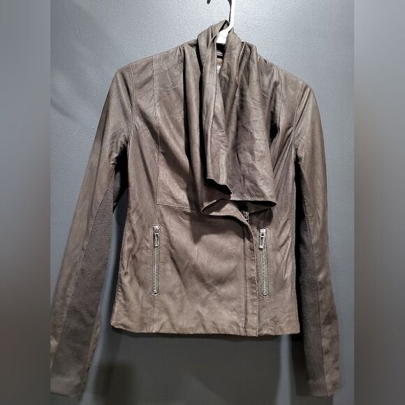 Vince Brown Leather Wool Cotton Blend Drape Neck Moto Jacket Sz S - Picture 8 of 12